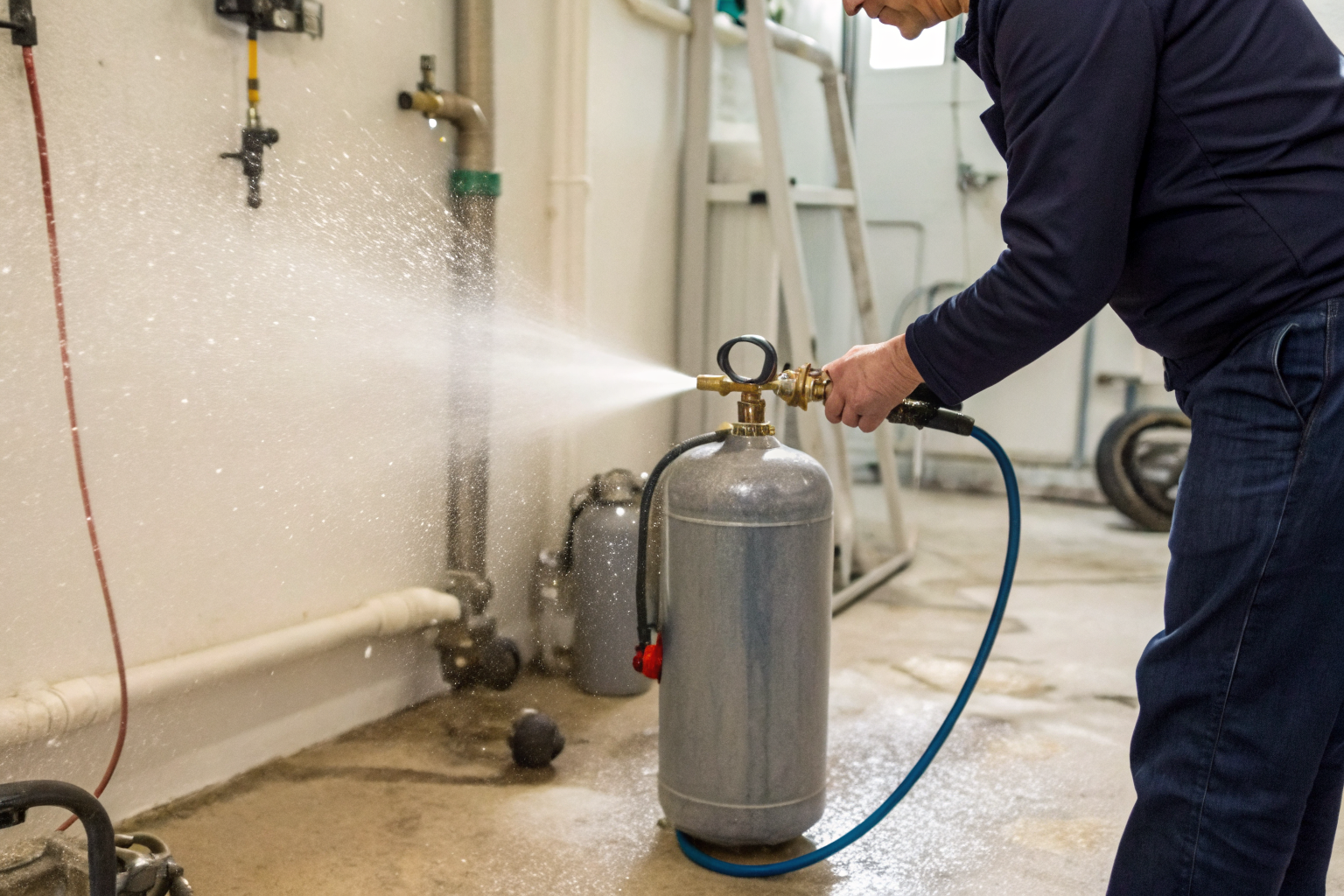 Person testing pressure tank with tire gauge, water droplets visible.