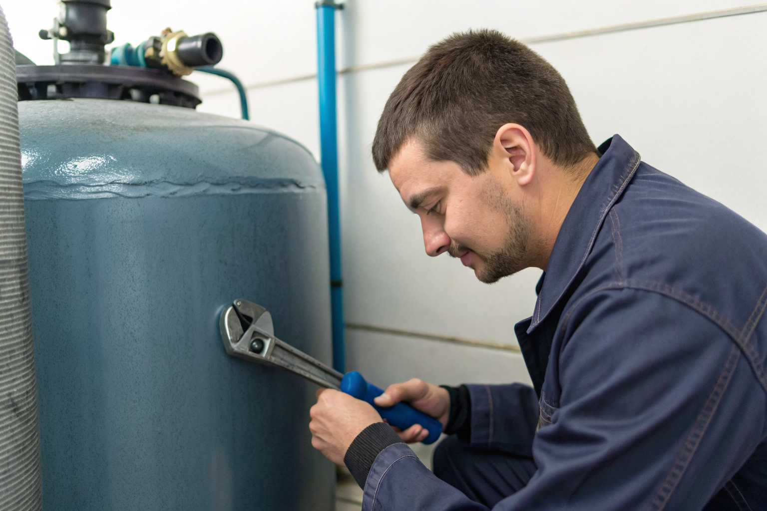 Technician tapping pressure tank with wrench in well house.