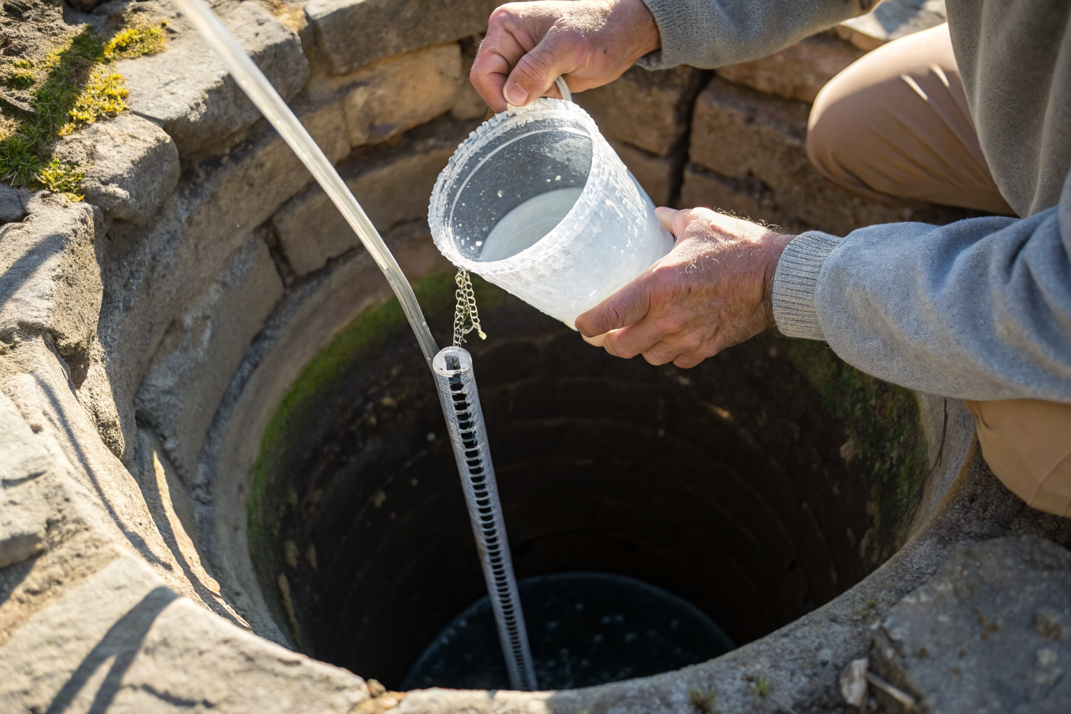 Person measuring bleach by a well with measuring cup.