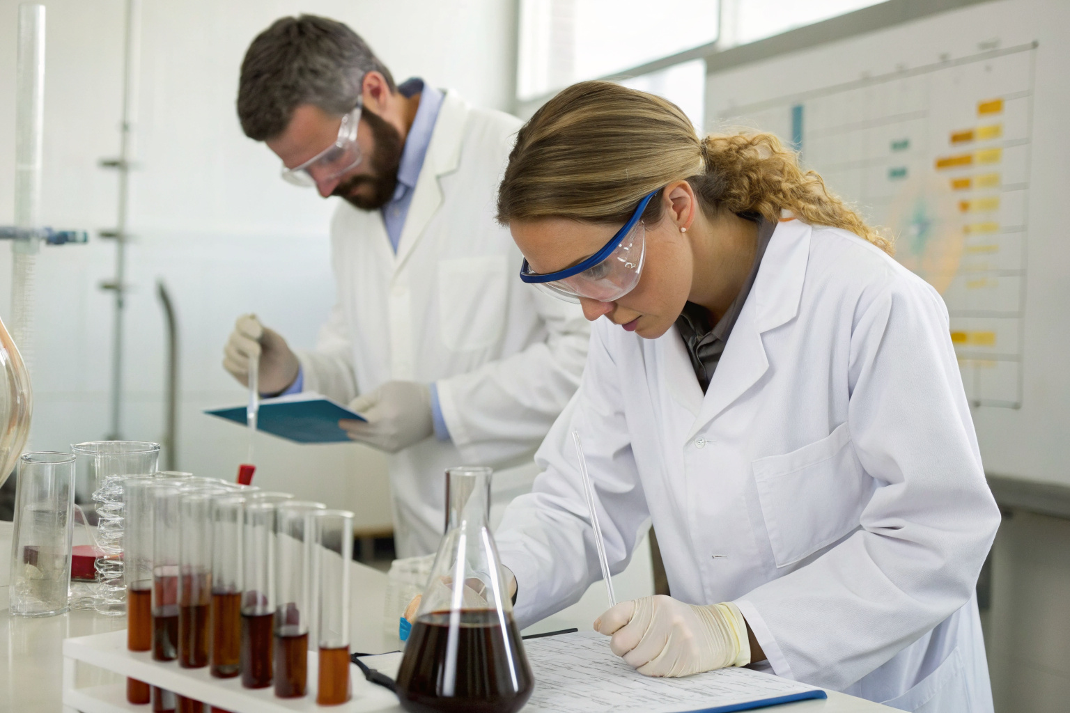 Laboratory scene calculating stoichiometric dosing for H2O2.