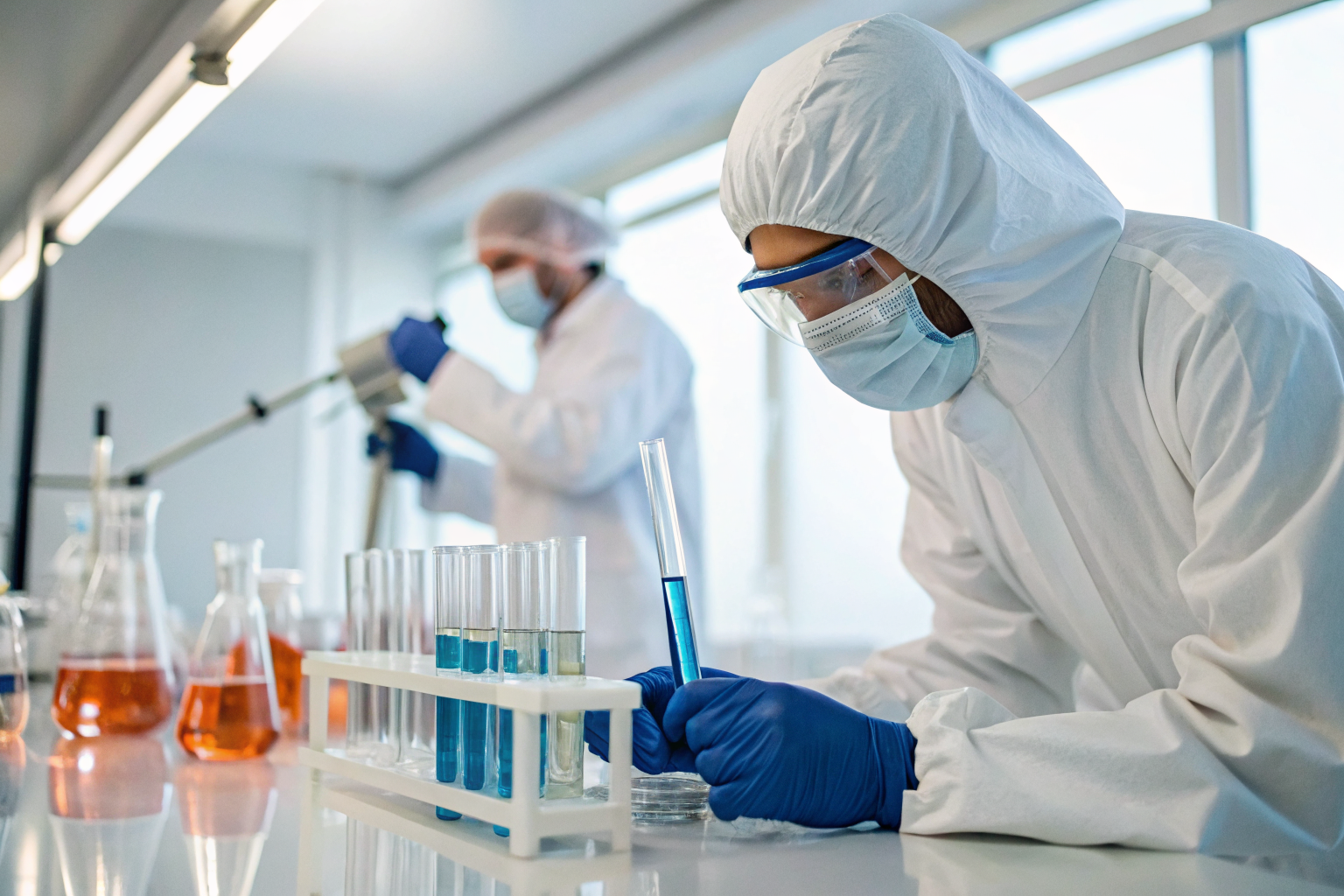 Lab technicians analyzing water samples for contaminants.