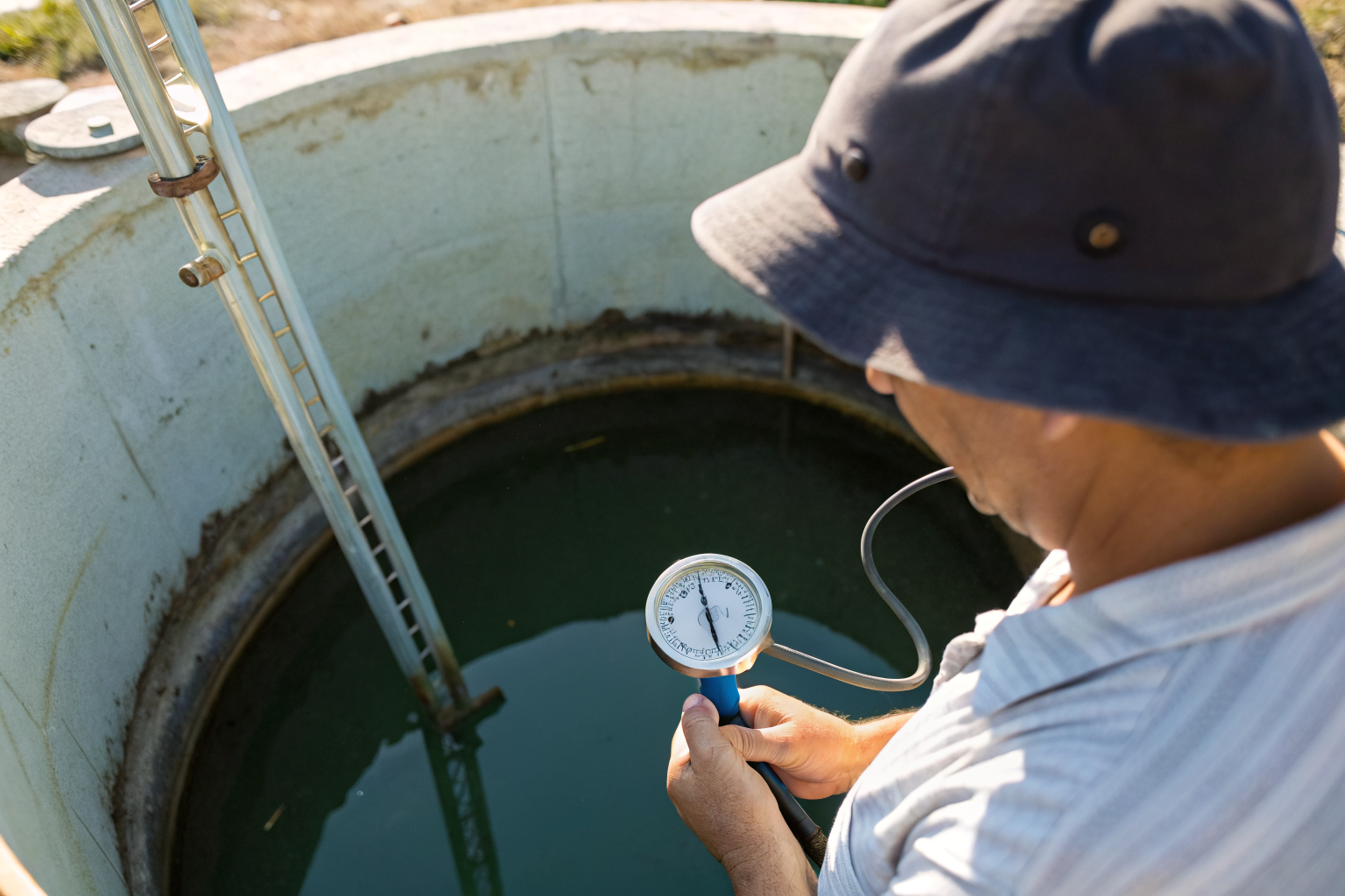 Person monitoring thermometer in chlorinated well.