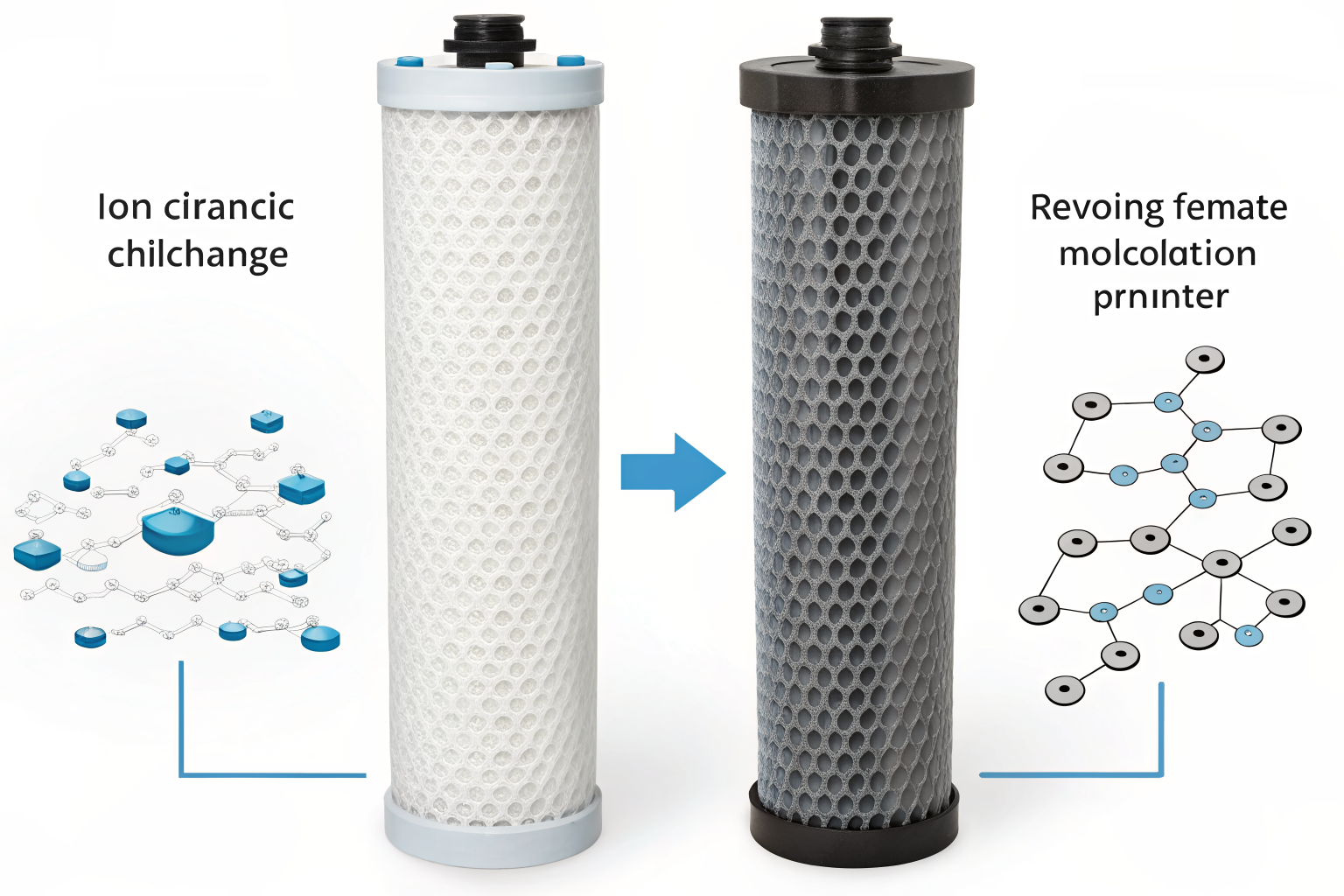 Split visual of activated carbon and ion exchange filtration processes.