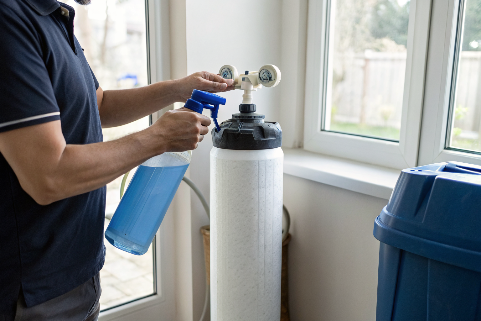Person with iron resin cleaner next to water softener.
