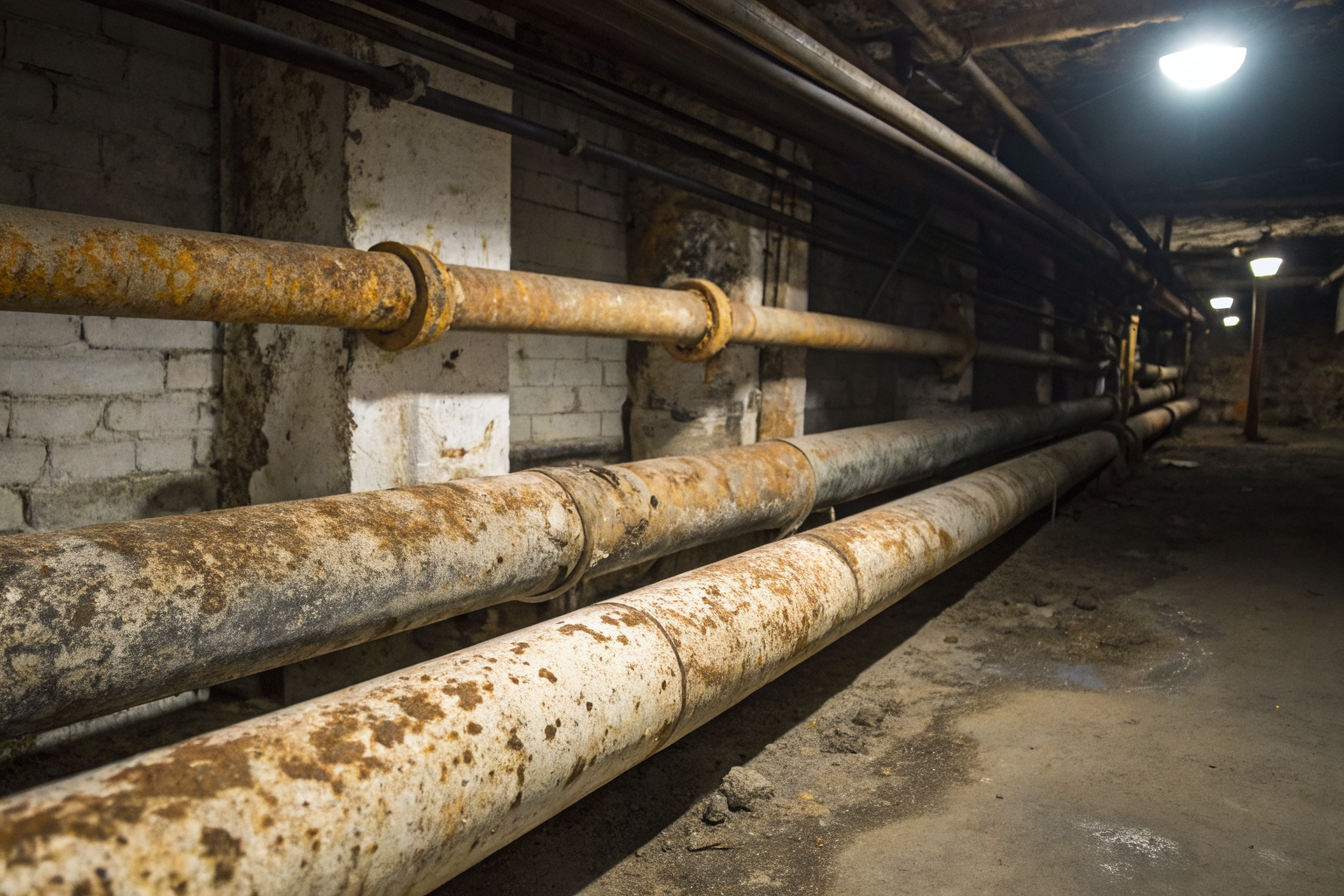 Corroded pipes with scale buildup in a basement.