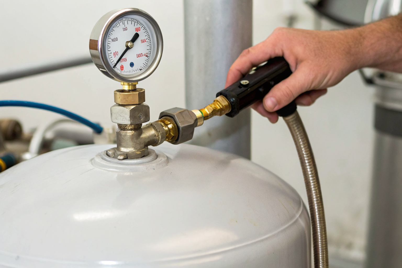 Pressure gauge being installed on tank, readings between 20-50 PSI.