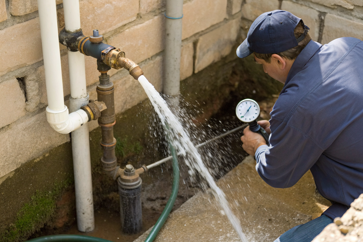 Homeowner performing shock chlorination on well with visible pipes.