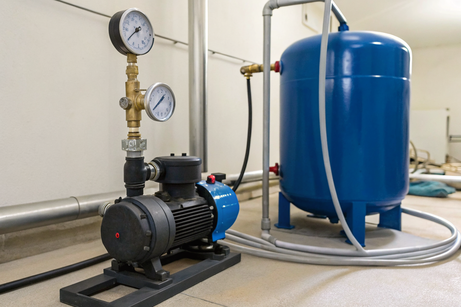 Well pump system with fluctuating pressure gauge in utility room.