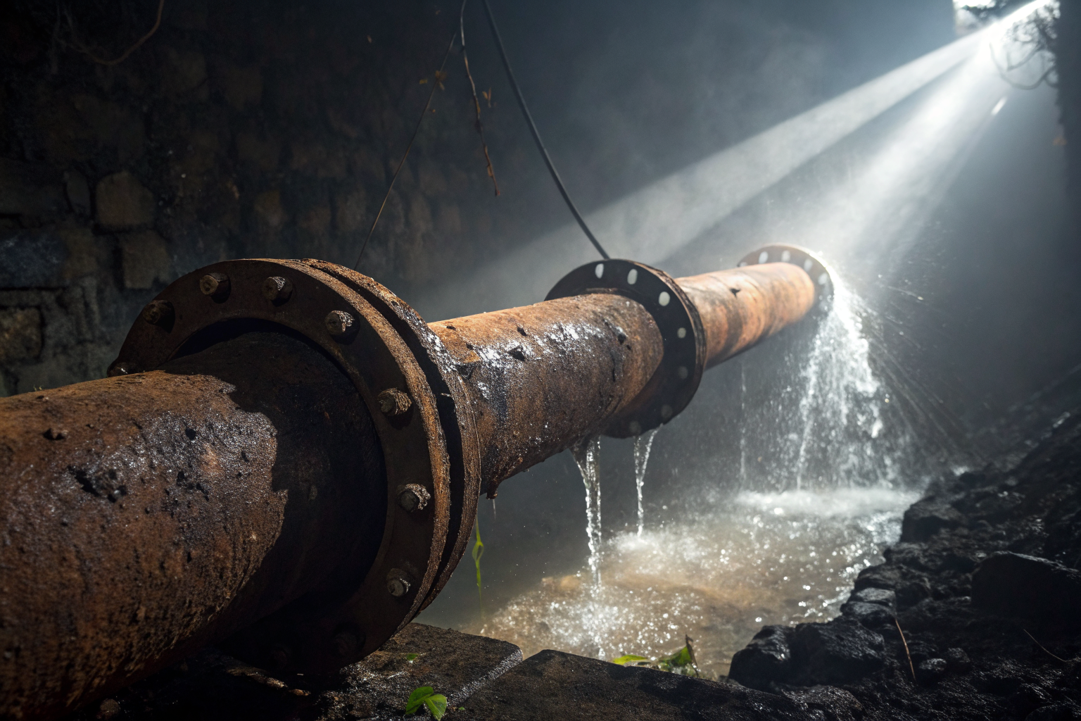 Rusty pipe with pinhole leaks and water dripping in dramatic light.