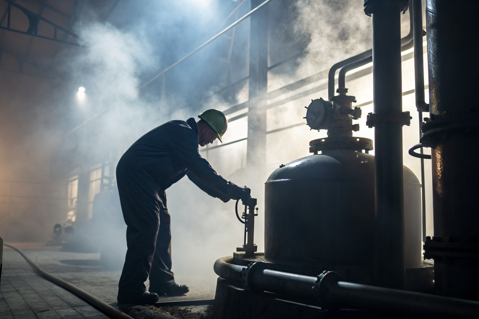 Well maintenance worker inspecting pressure tank with dramatic lighting and fog.