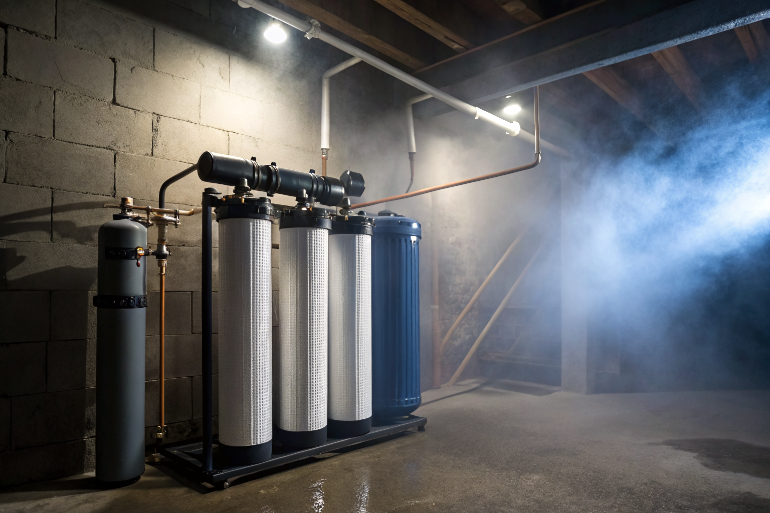 Whole house water filter system with carbon and sediment filters in dramatic lighting.