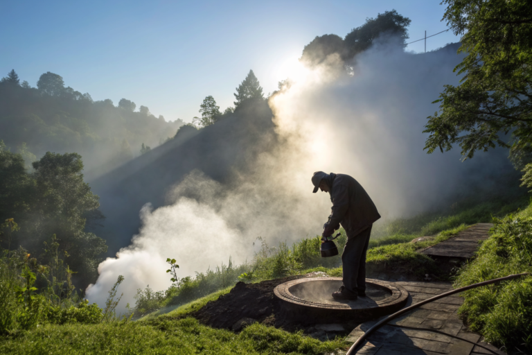 Person inspecting a well cap in a lush setting under clear skies.