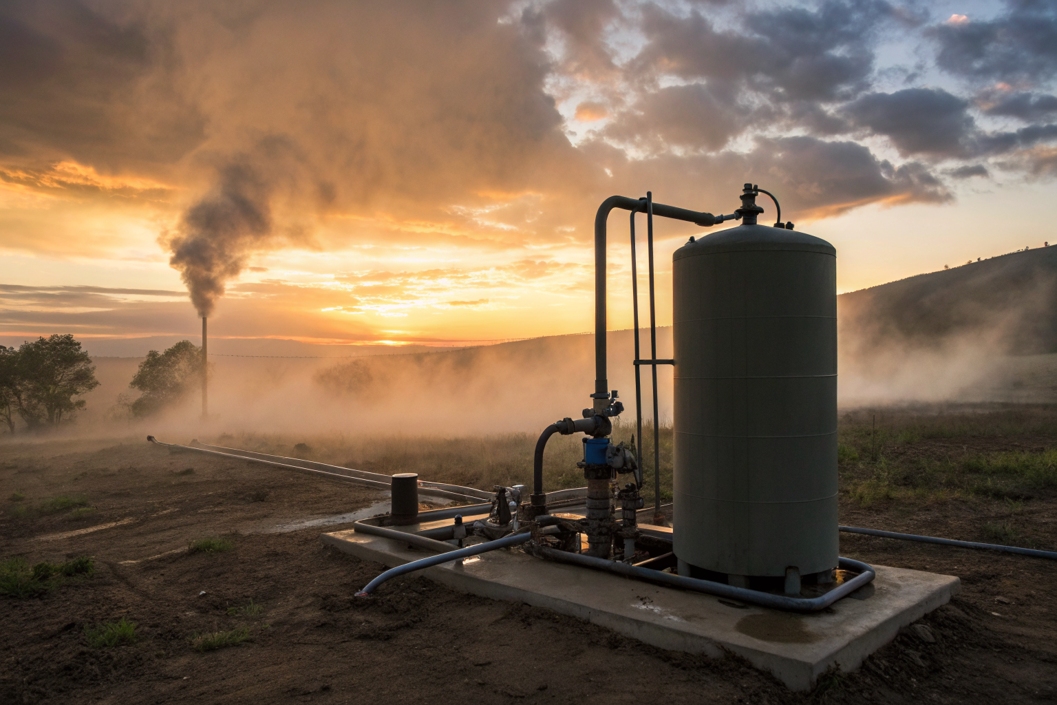 Private well system with pump and pressure tank against a dramatic sunset.