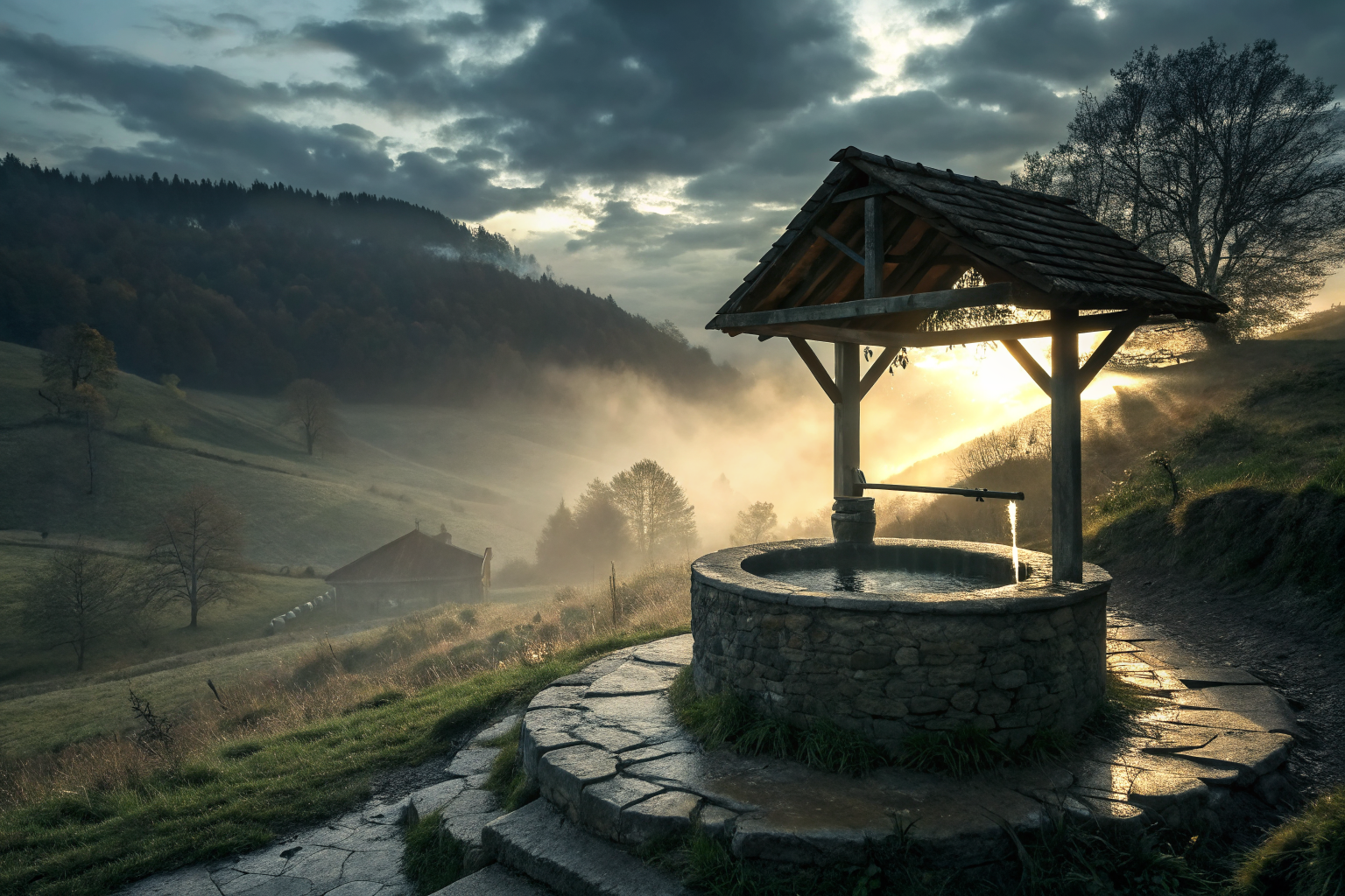 Cinematic rural well scene with fog and detailed geological layers.