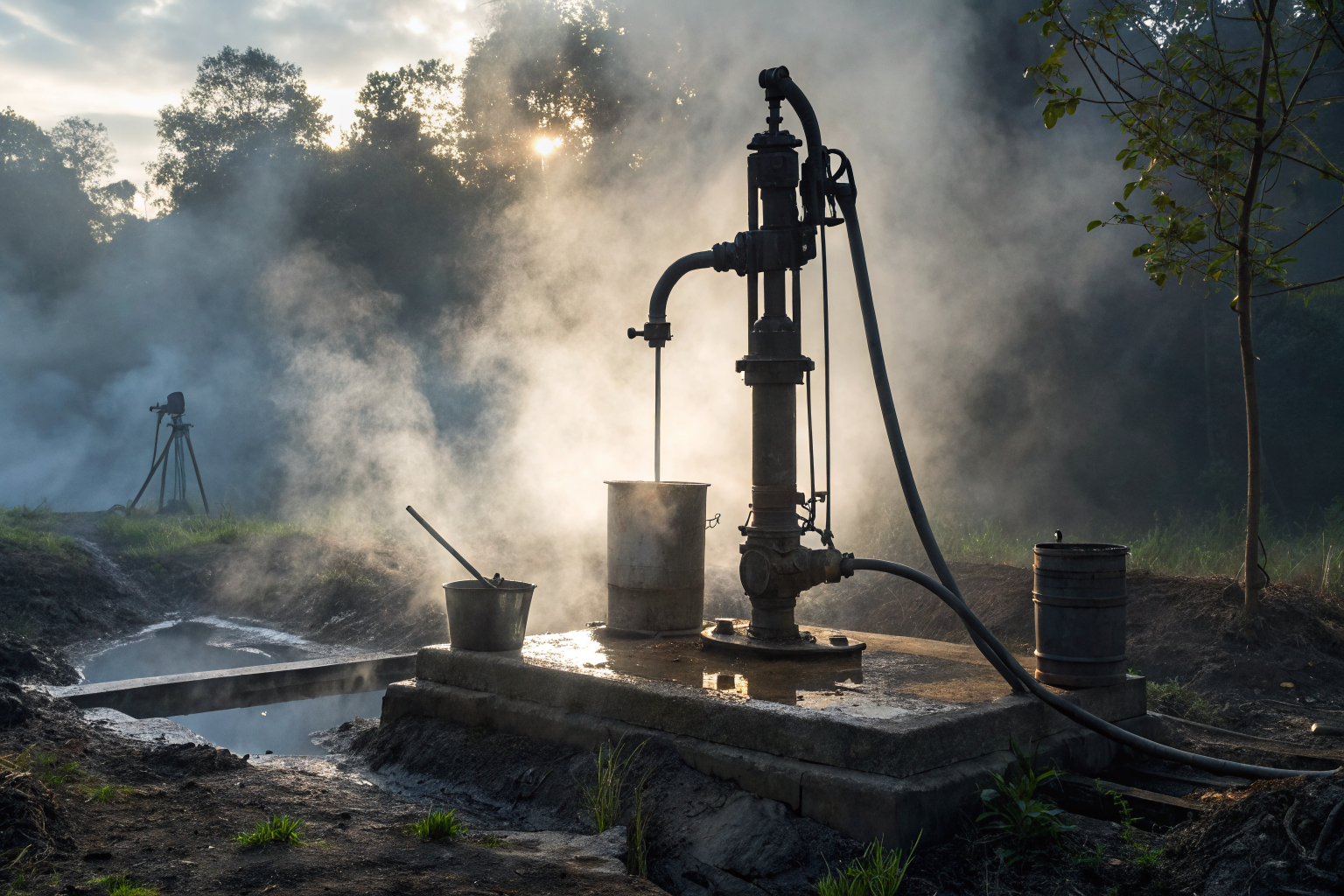 A cinematic view of a well water system with dramatic lighting and detailed components.