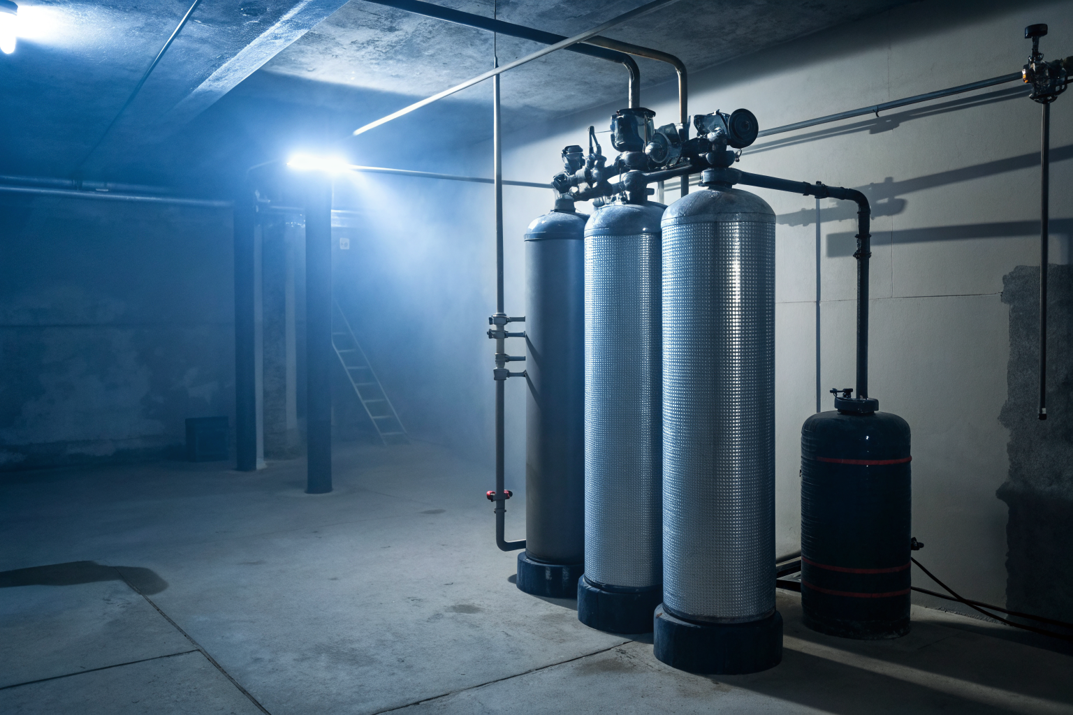 Water softener with iron-coated resin beads in dramatic lighting.