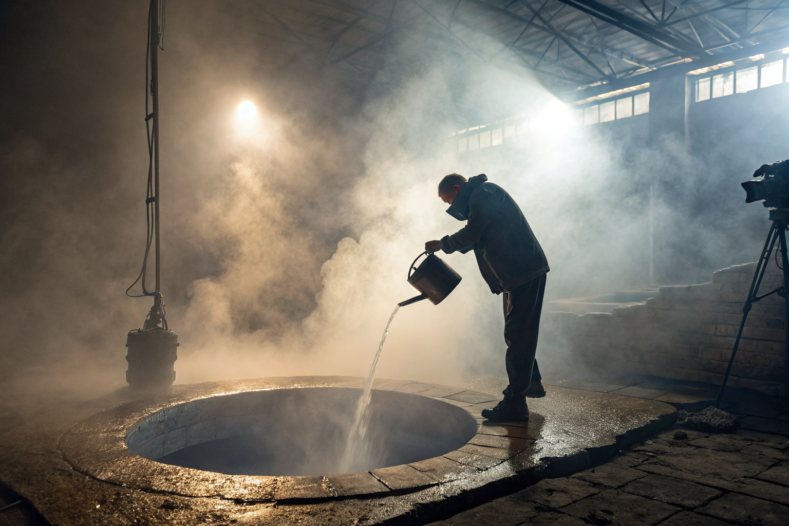 Person pouring chlorine into a well with dramatic lighting and fog.