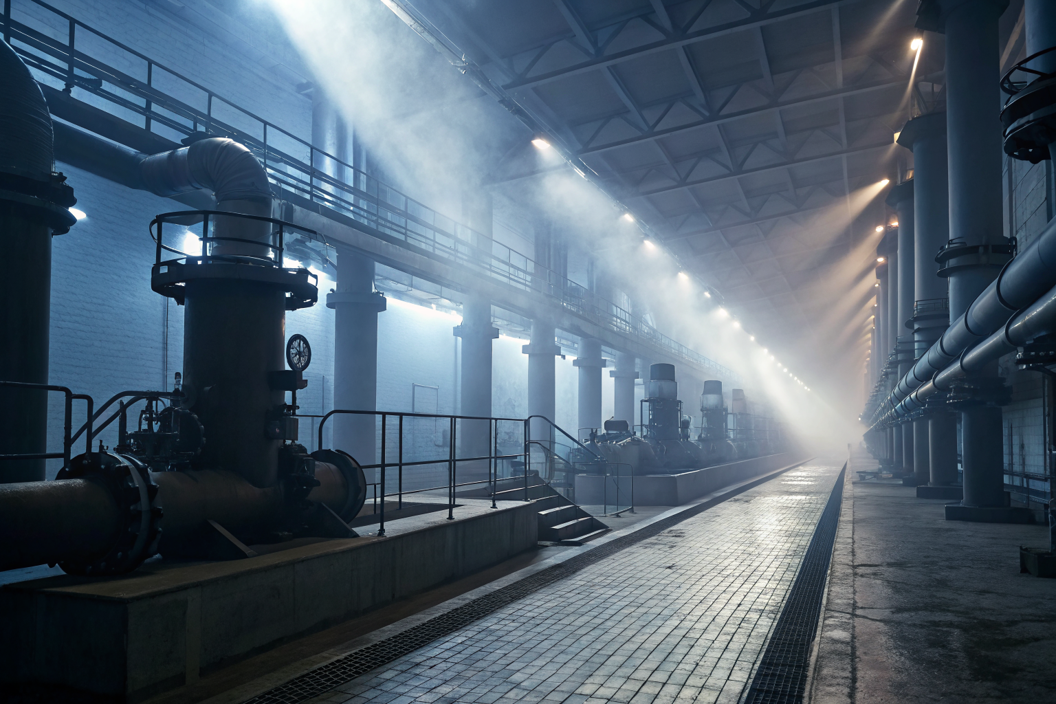 Advanced water treatment facility with hydrogen peroxide systems, dramatic lighting.
