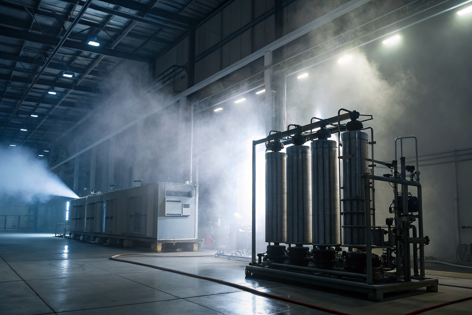 Reverse osmosis system filtering well water in a high-tech lab with dramatic lighting.