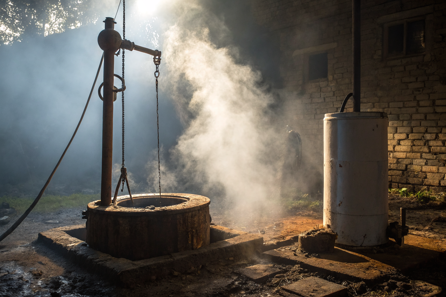 Rusty anode rod near a well with sulfur fumes and dramatic lighting.