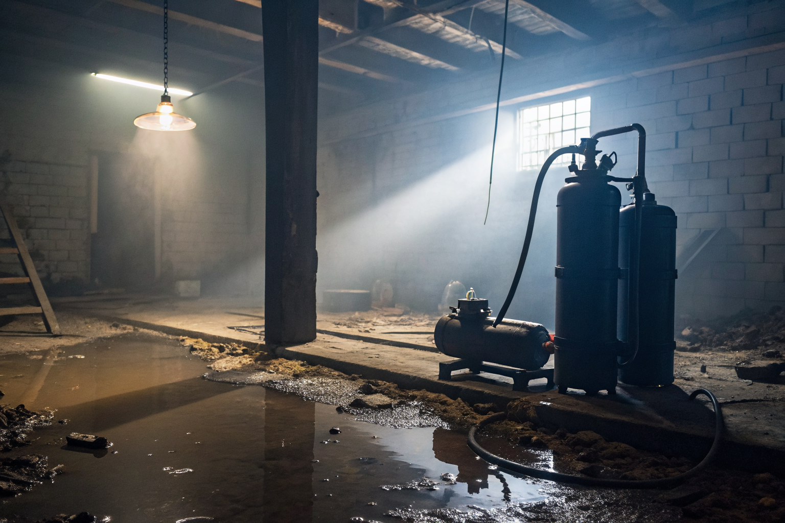 Well pump and pressure tank in a dim basement with water on the floor.