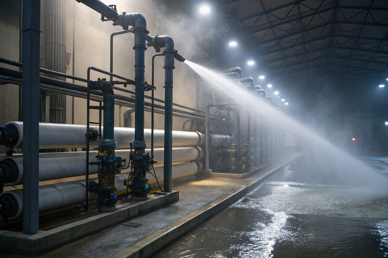 Reverse osmosis system filtering contaminated water in a dramatic scene.