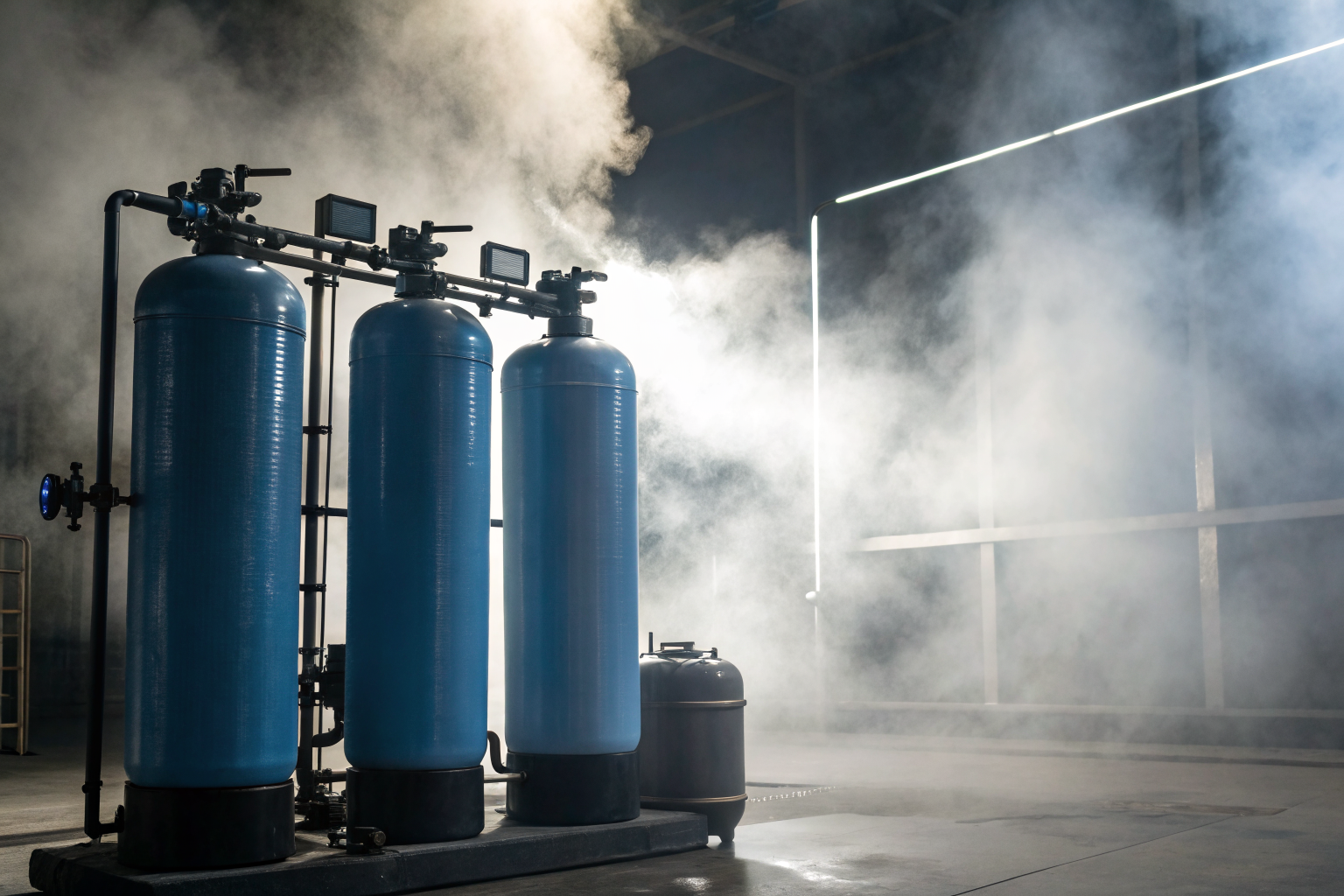 Water softener system processing well water with dramatic lighting.