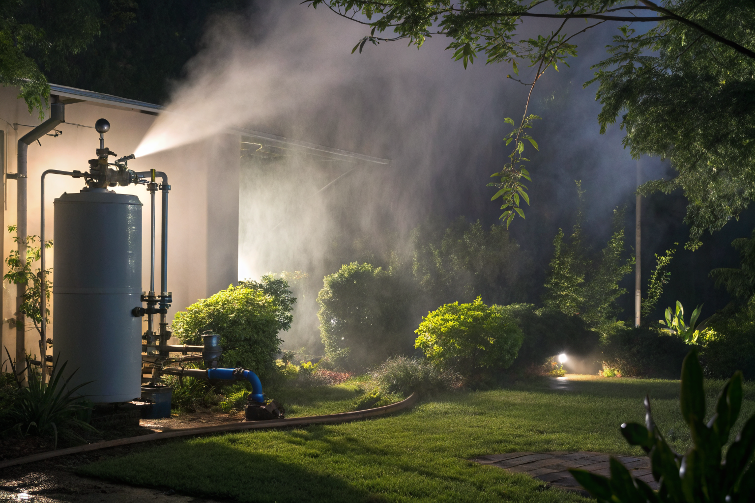 Well water treatment system in dramatic lighting with fog, surrounded by greenery.
