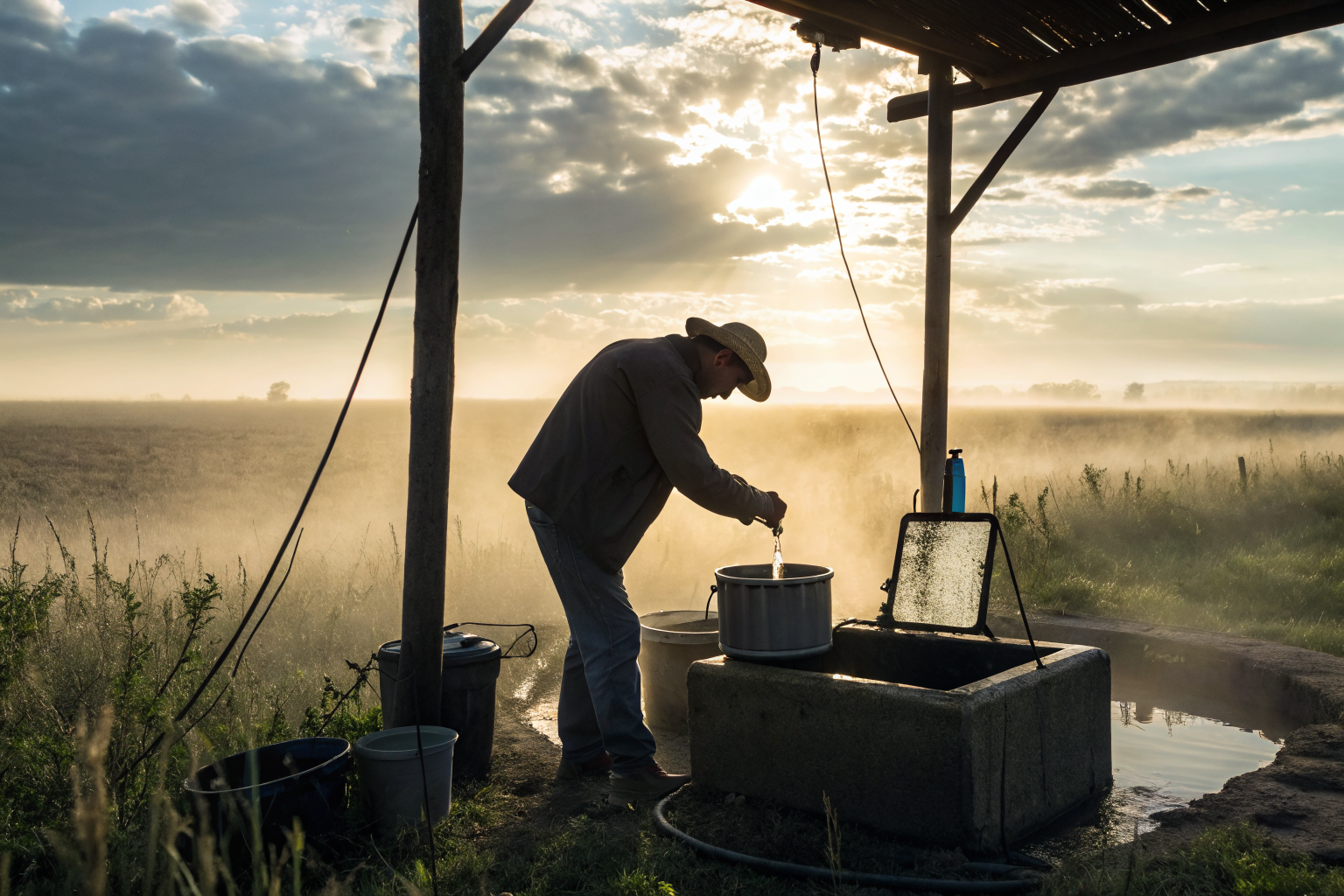 Technician testing water at rural well, sample collection, dramatic lighting.