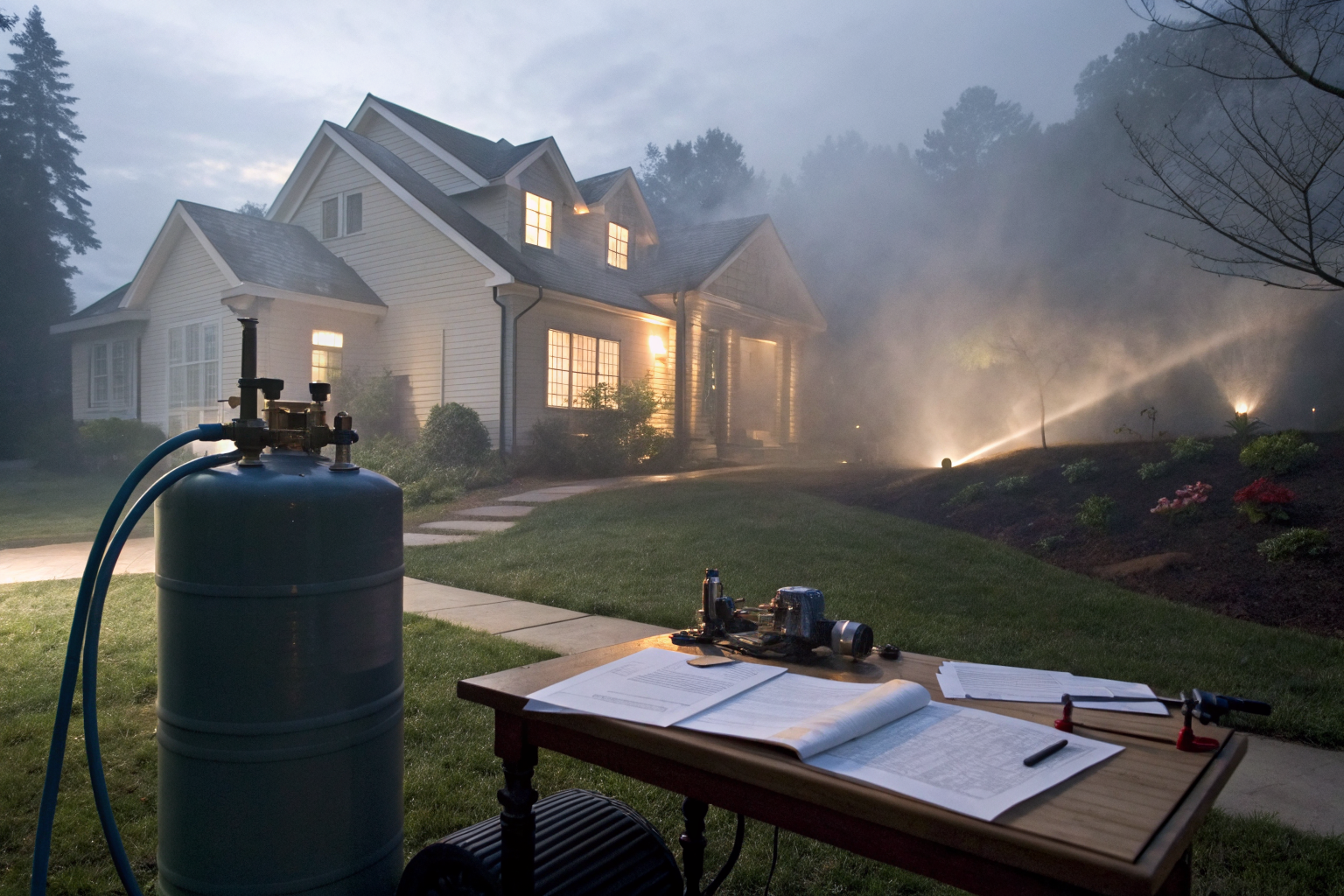 House with well system, pressure tank, and pump visible in dramatic lighting.