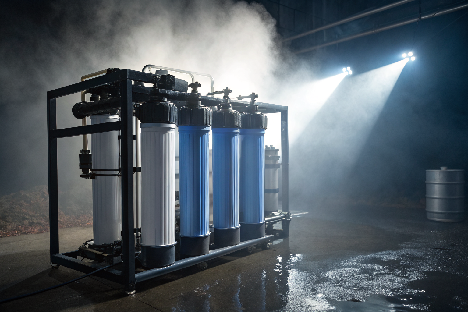 Water filtration system with filters, UV bulbs, and RO membranes, dramatic lighting.