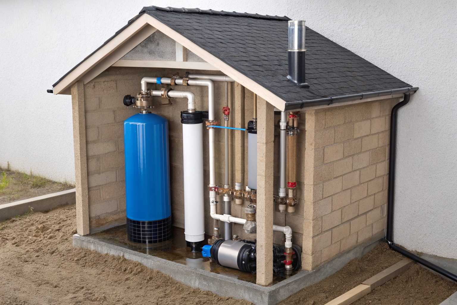 Six key components of a well system delivering water to a house.