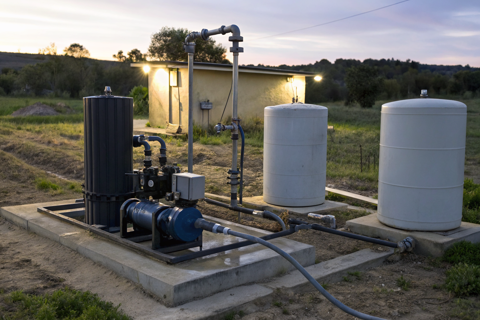 Private well system with pumps, tanks, and controls in rural setting.