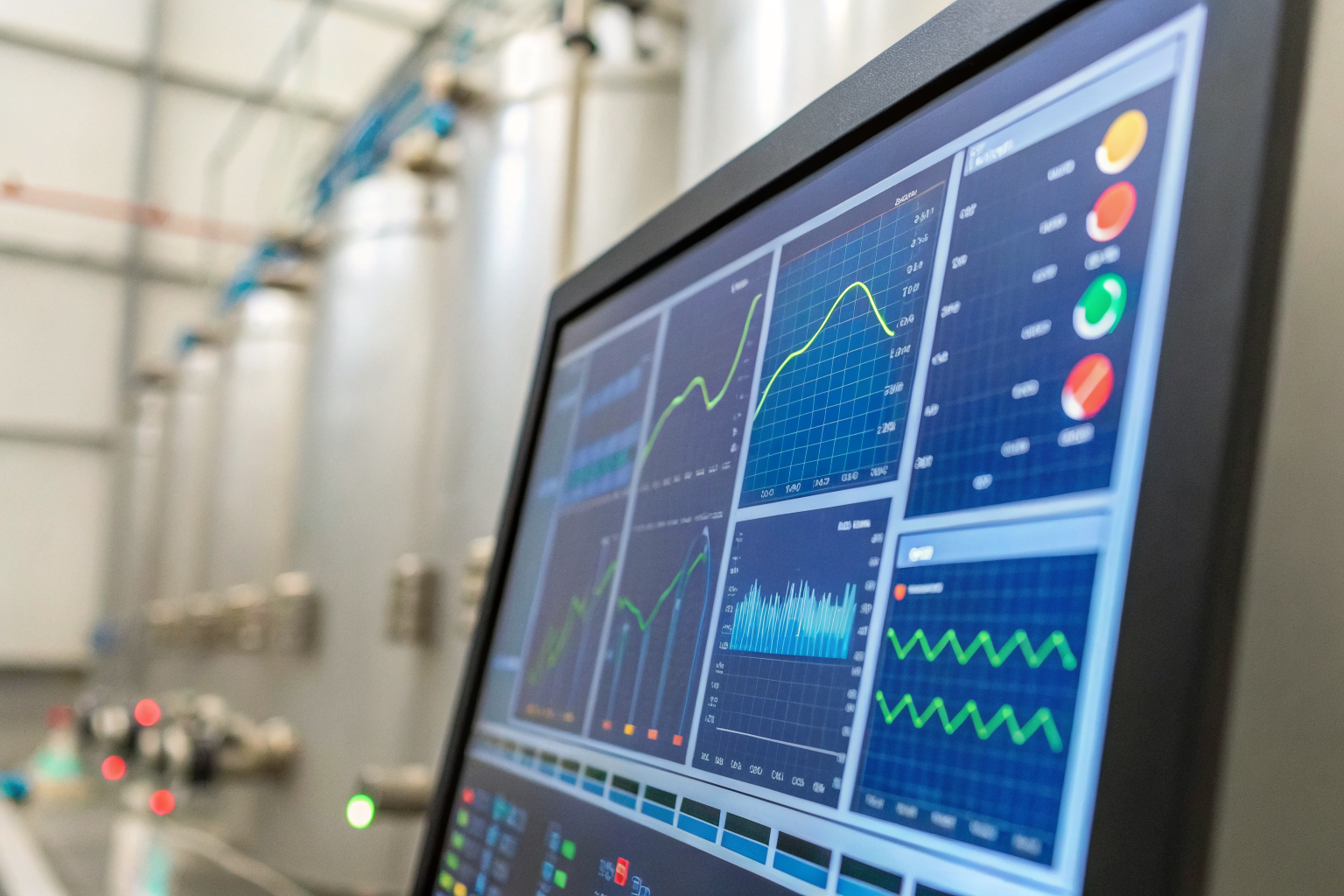 Data monitoring system showing water quality metrics on screens.