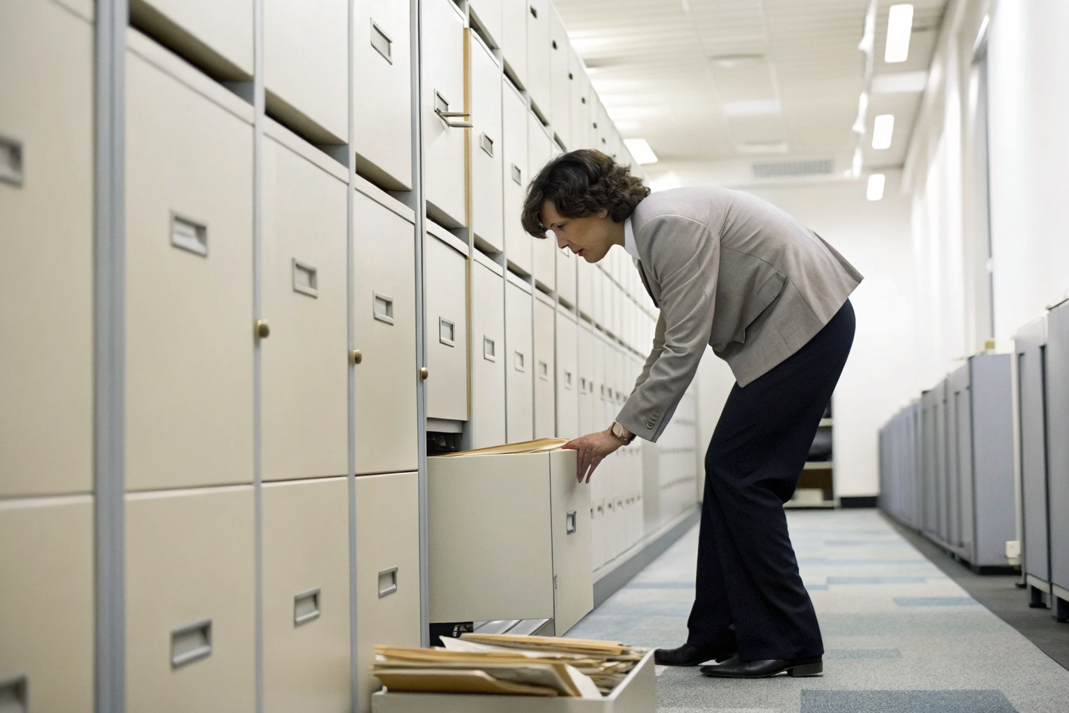 Person searching for well drilling log in filing cabinets.