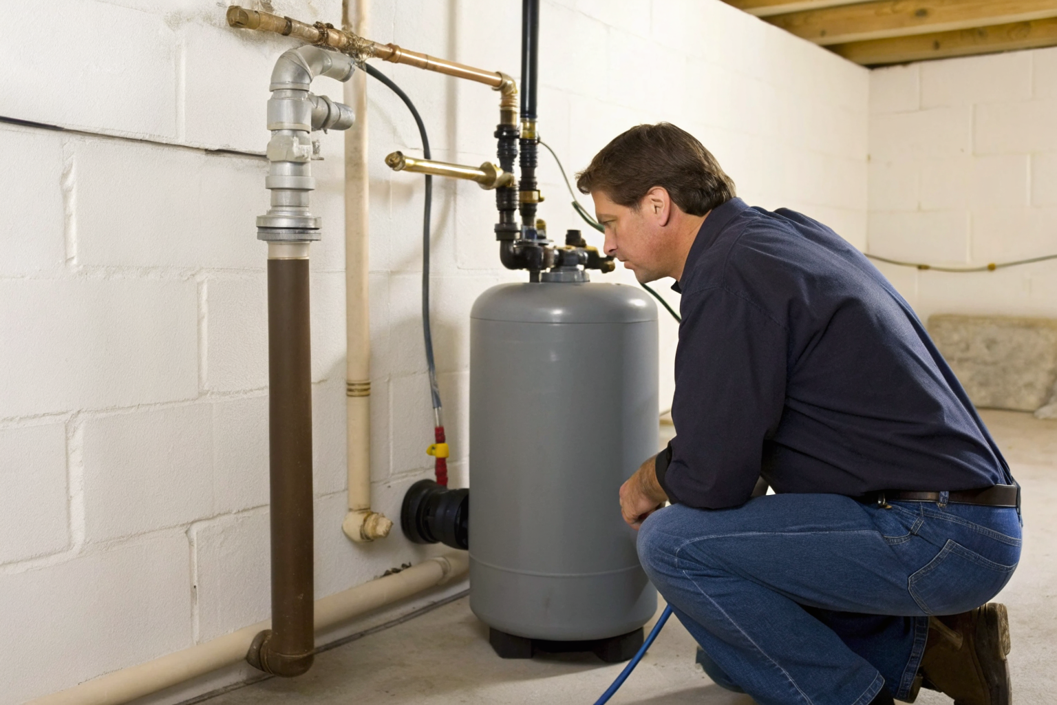 Homeowner inspecting pressure tank and well pump with checklist.