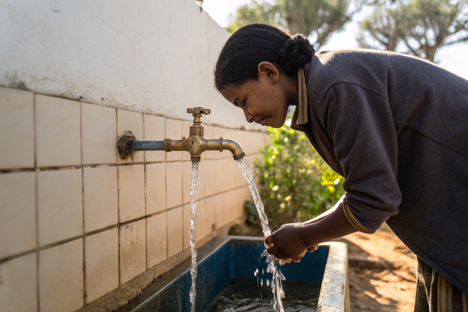 Person running cold water from a tap to test chlorine odor.