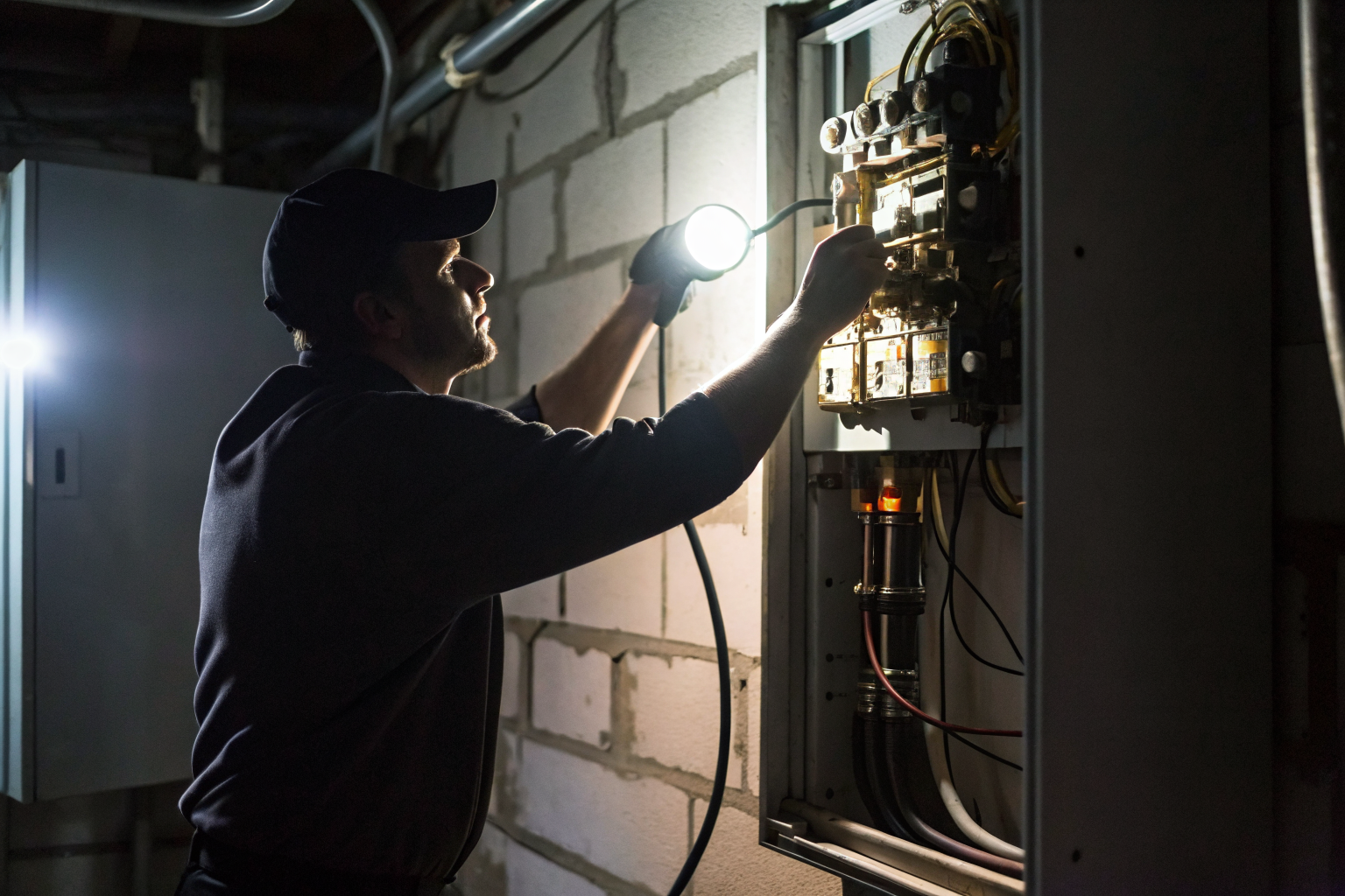 Person checking electrical panel and pressure switch in utility room.