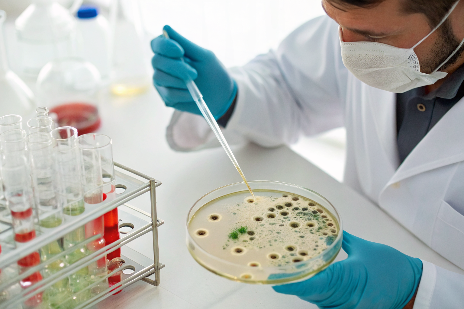 Lab technician testing well water for bacteria with lab equipment.