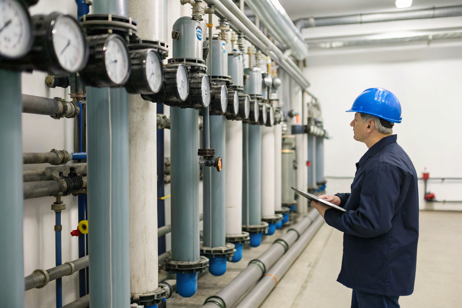 Technician examining inherited water treatment system with flow meters.