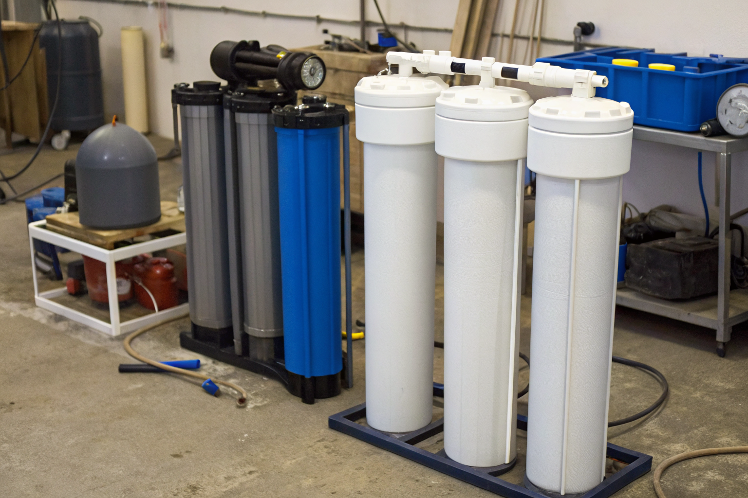 Water filtration systems with tools in a workshop setting.
