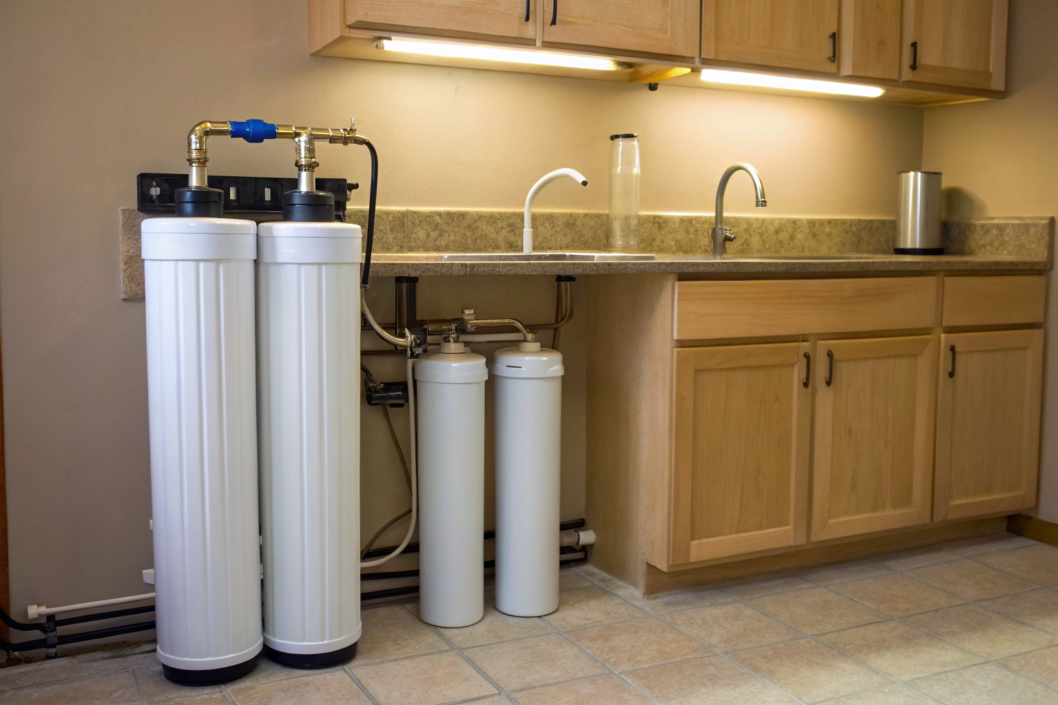 Point-of-use and whole-house water treatment systems in a home.