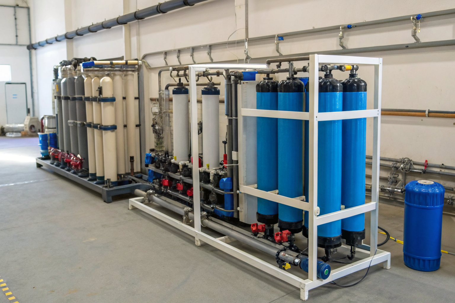 Sequence of water treatment system installations in workshop.