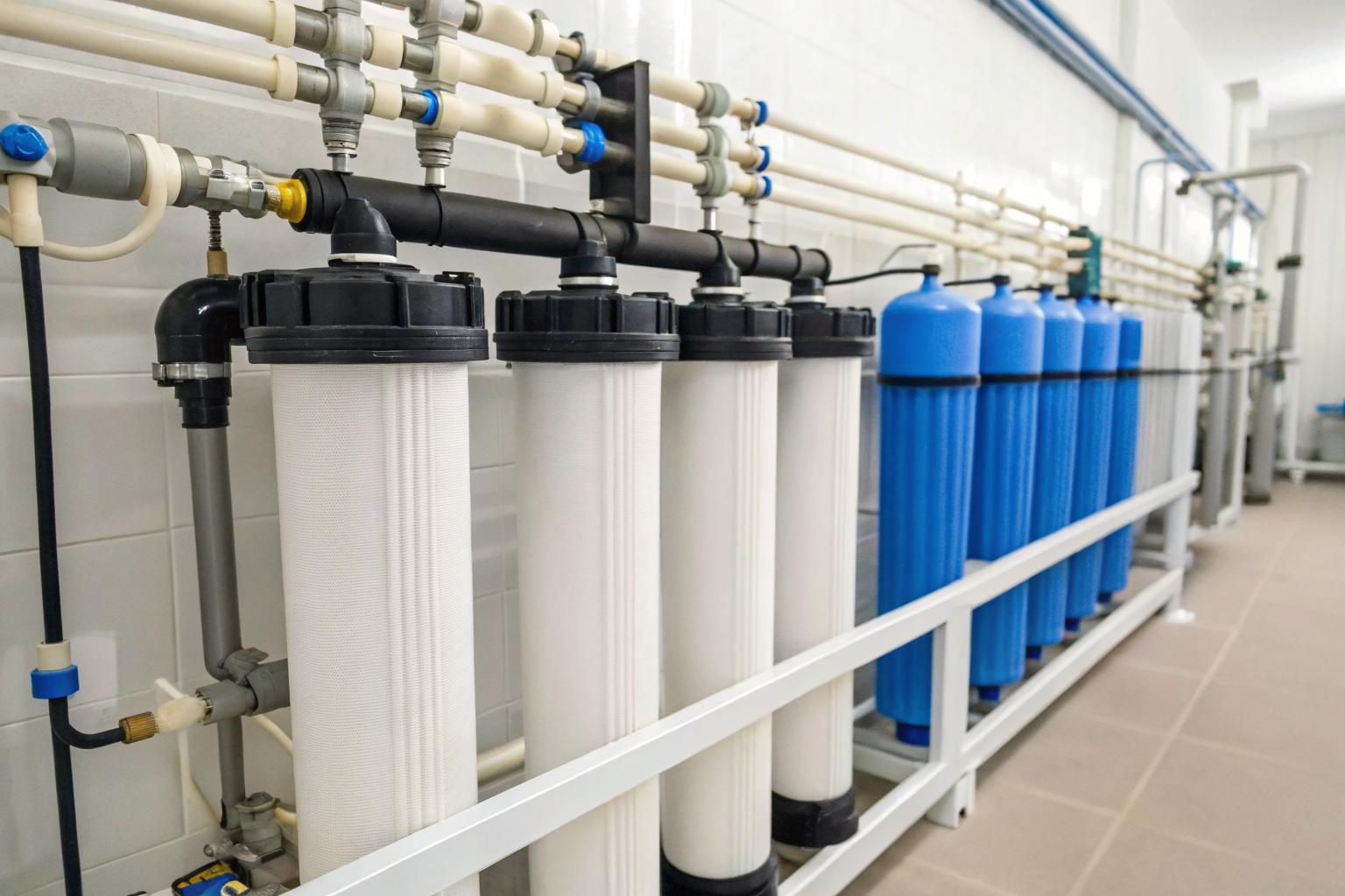 Water treatment installation order showing sediment filters first.