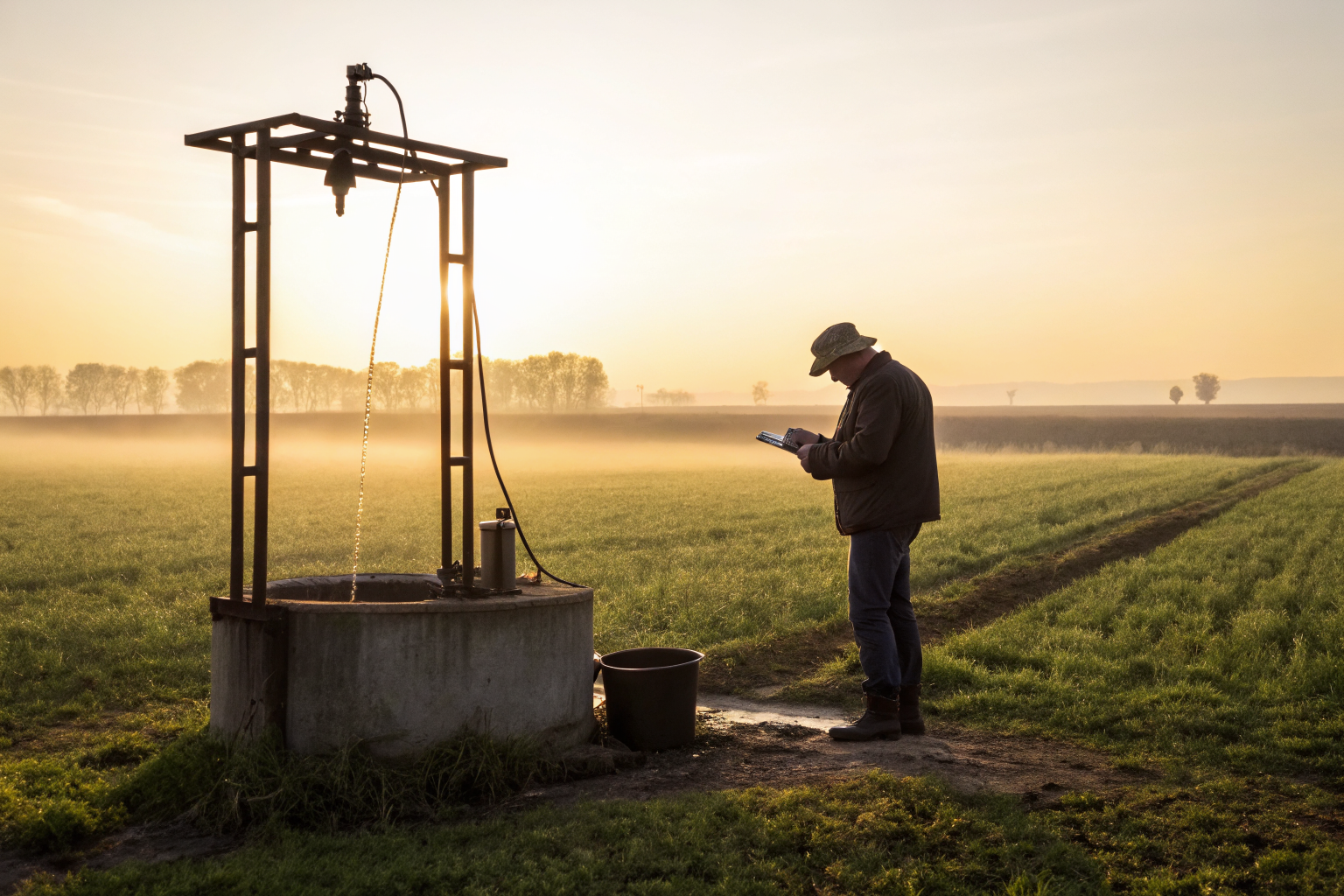 Well owner inspecting water quality with testing equipment in open field.