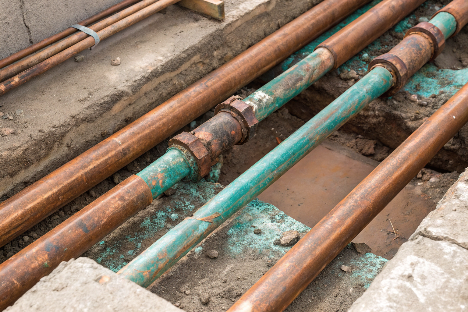 Copper pipes with pinhole leaks and blue-green stains.