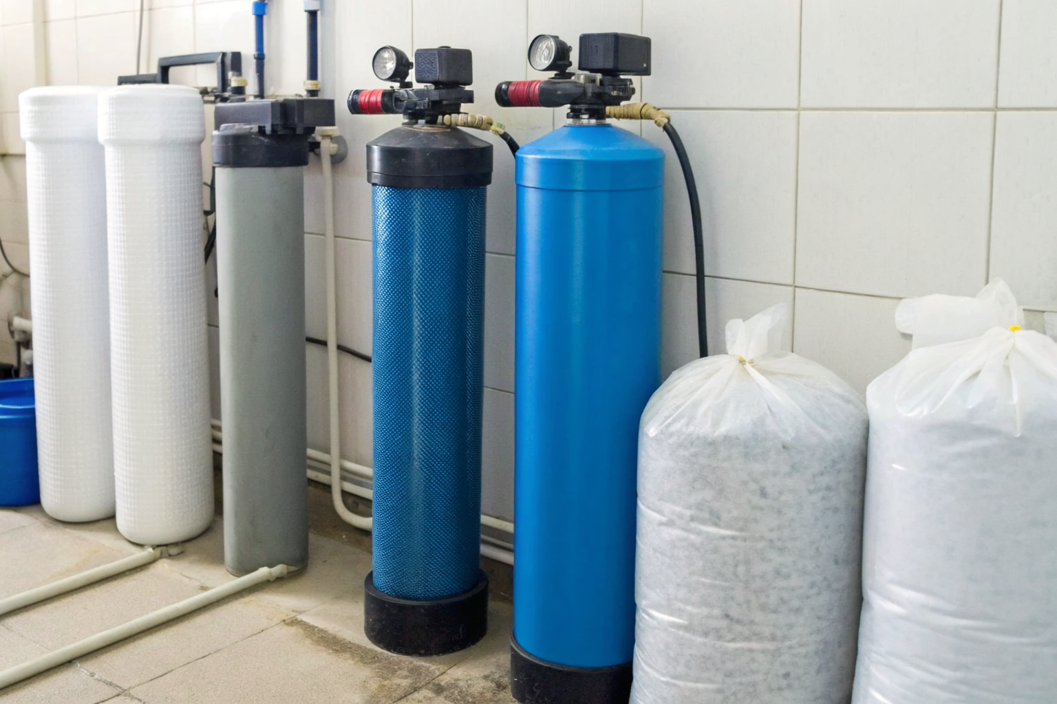 Water treatment systems with tools and labels for maintenance tasks.