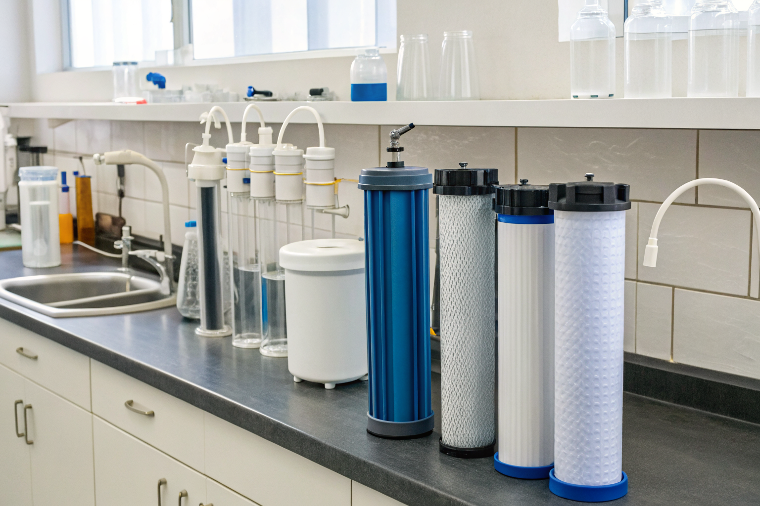 Water treatment technologies on a lab counter with labels.