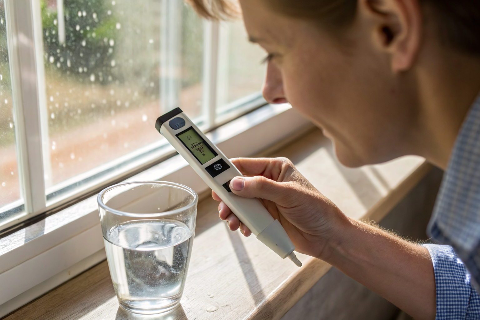 Person testing water hardness with a digital TDS meter.