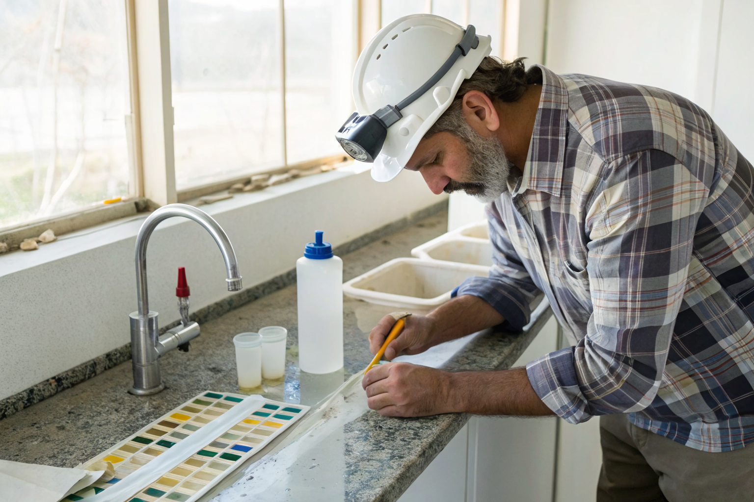 Technician testing water with strips for iron, hardness, bacteria.